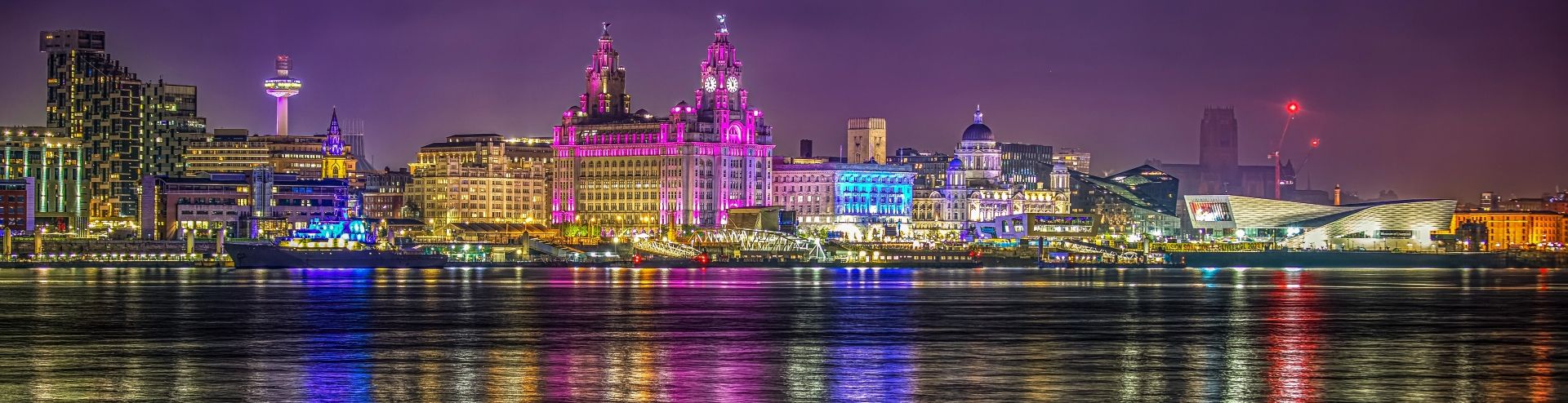 Liverpool city skyline from across the Mersey River.