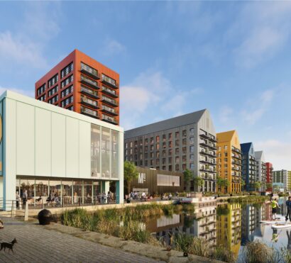 Block of residential apartments next to the water.