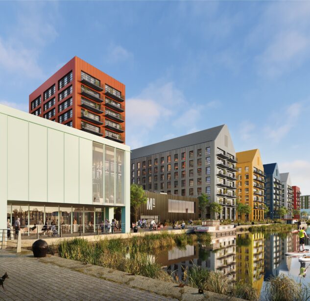 Block of residential apartments next to the water.