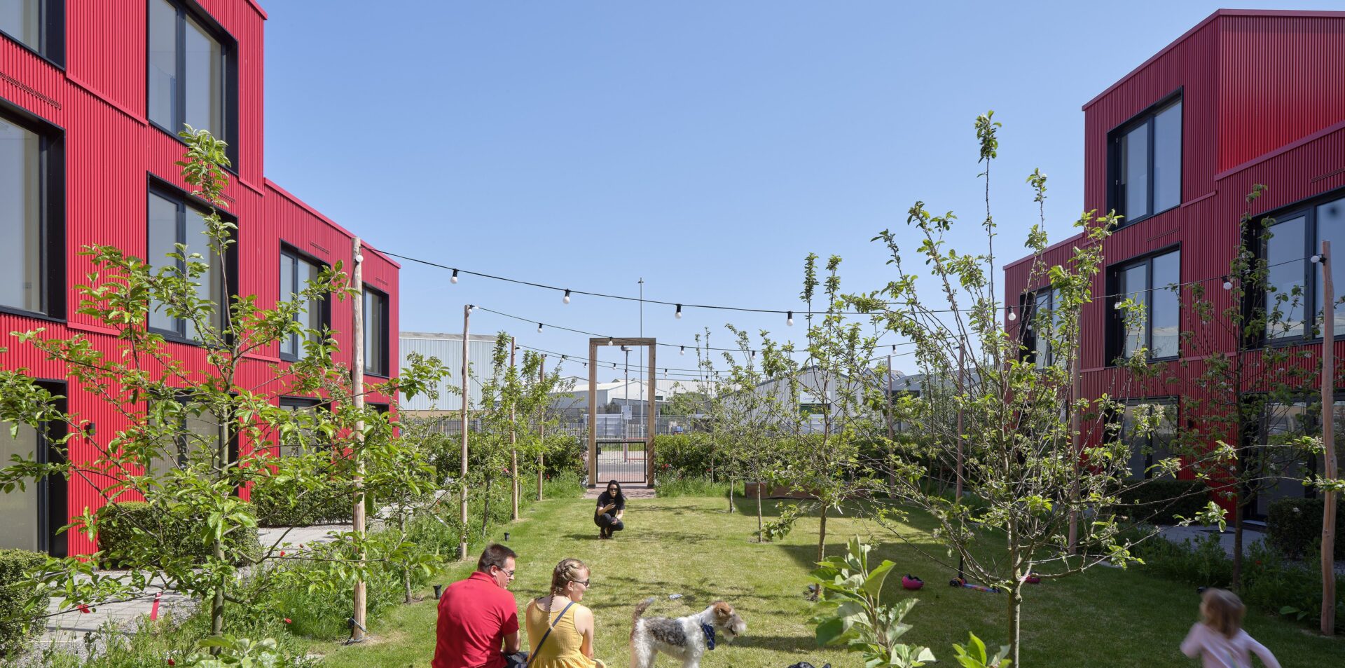 2 rows of red building with grassy area in between.