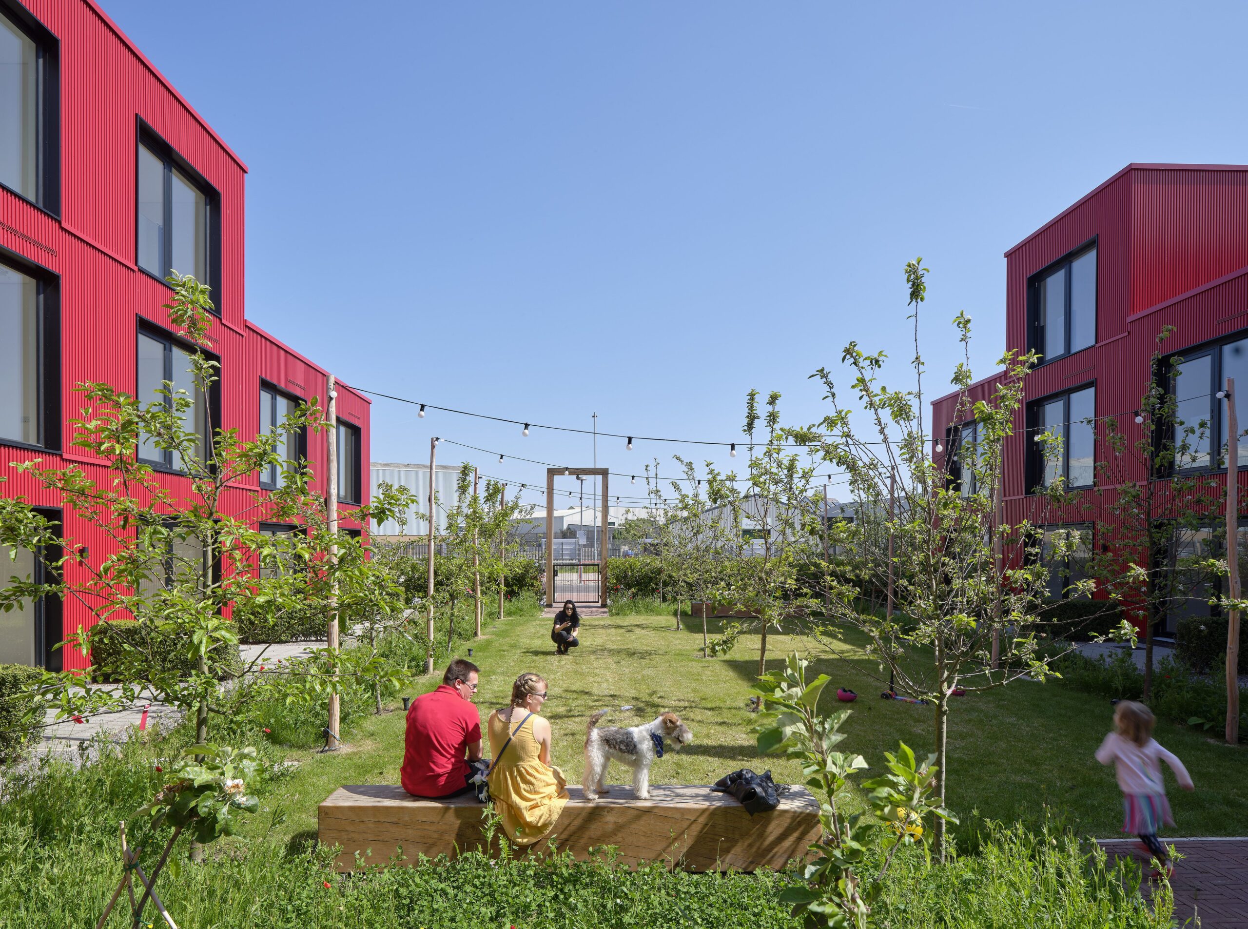 2 rows of red building with grassy area in between.