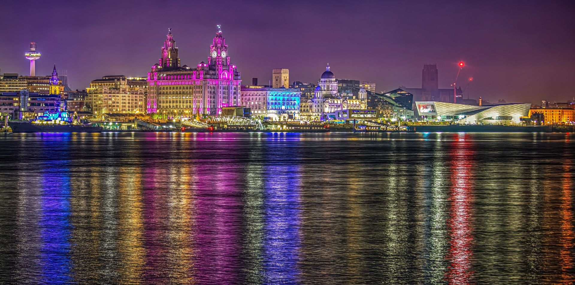Liverpool city skyline from across the Mersey River.
