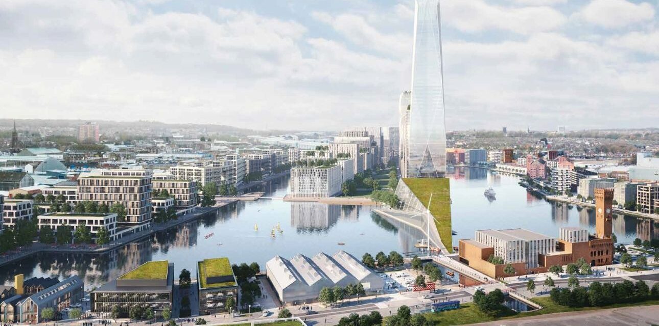 Aerial view of Wirral Waters.