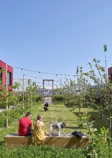 2 rows of red building with grassy area in between.